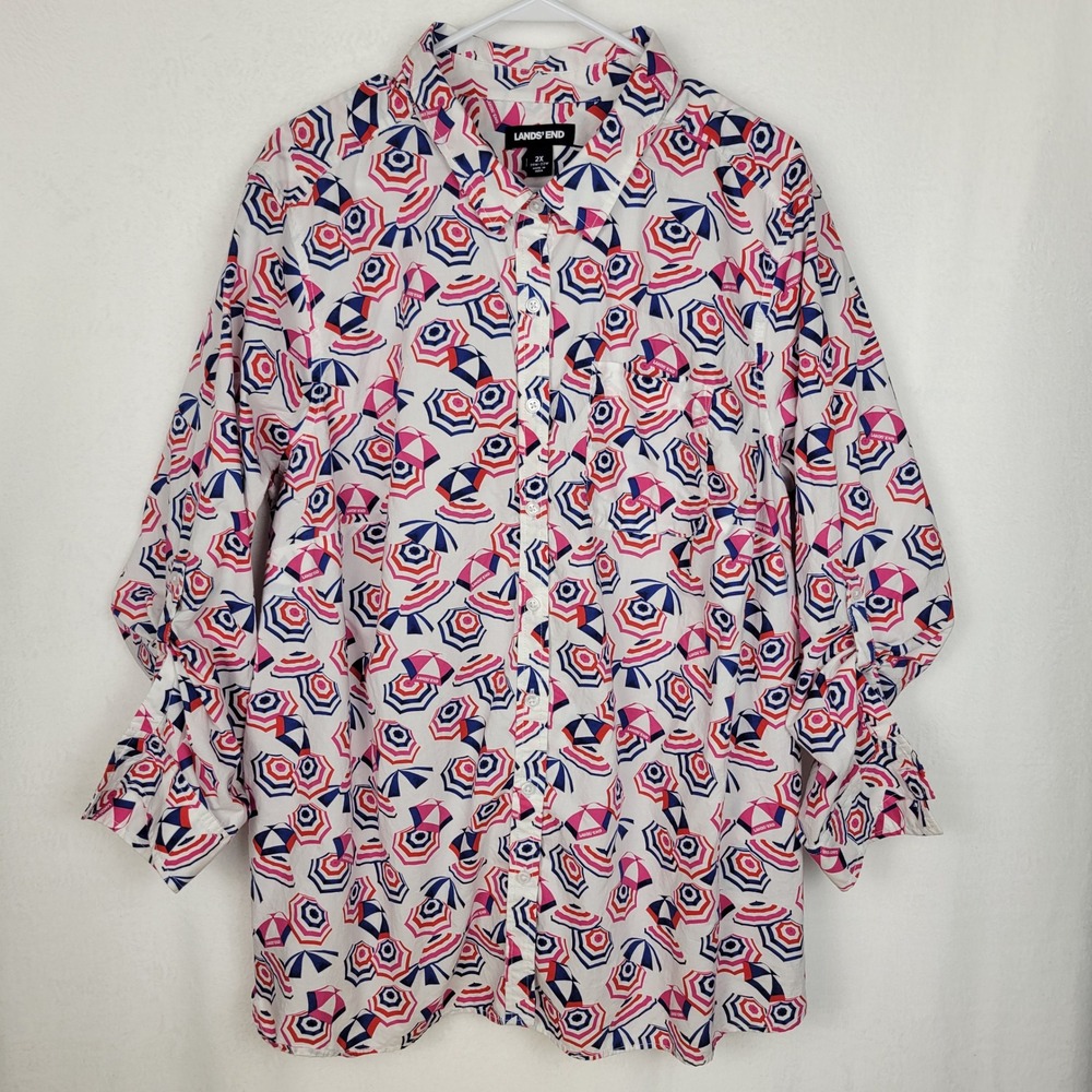 Lands' End Beach Umbrella Boyfriend Tunic Shirt 2X White Roll Tab Cotton Plus